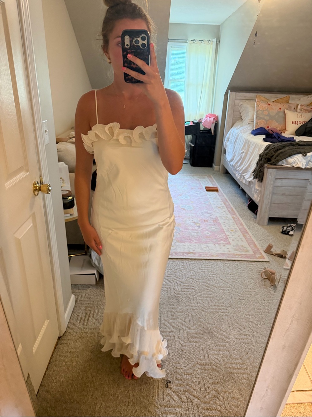 White Ruffled Satin Spaghetti-Strap Dress